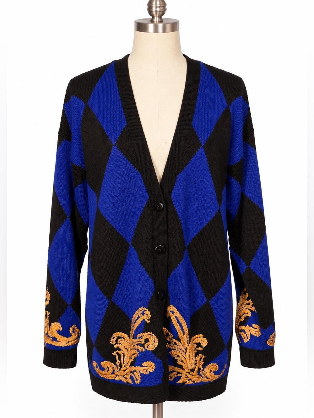 Vintage long cardigan sweater w gold embroidery and blue / black diamonds-L